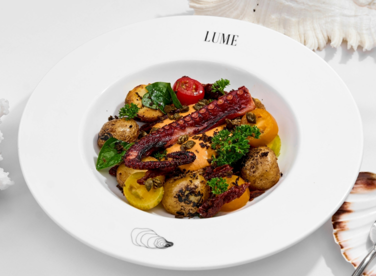 Octopus with Pepperoni Sauce and Baby Potatoes